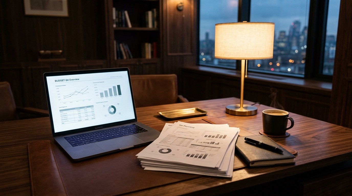 Planowanie budżetu eventu — dokumenty i laptop