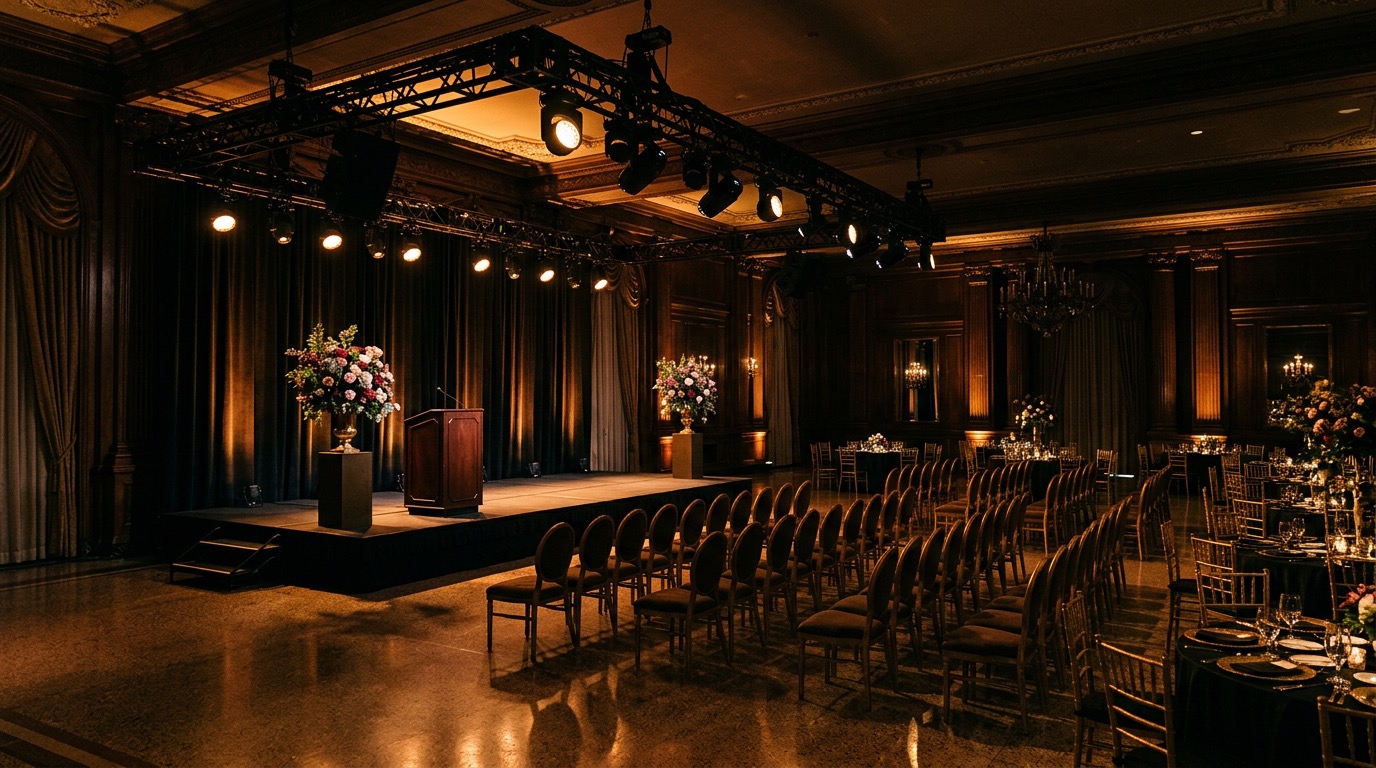 Produkcja techniczna eventu — scena i oświetlenie przed startem