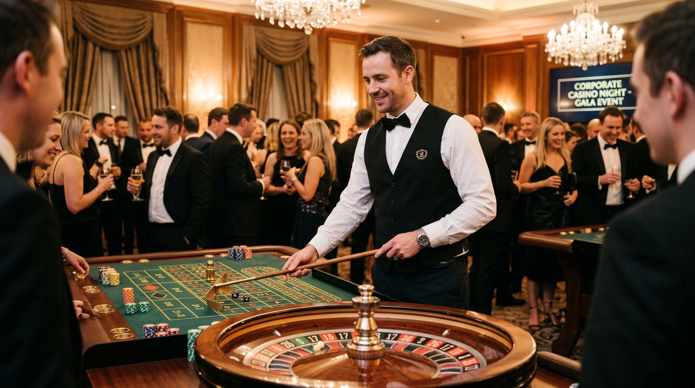 Krupier przy stole w trakcie eventu kasynowego dla firm